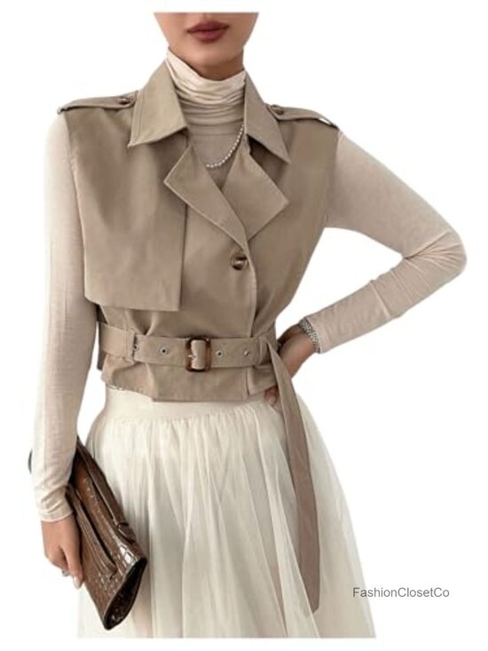 Jackets & Blazers - Sleeveless Cropped Trench Coat Belted Lapel Vest